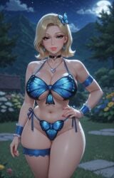 ai_generated armband belly_button bikini blonde_female blue_clothing blue_eyes blurred_background blurry_background blush butterfly_earrings butterfly_hair_ornament butterfly_print choker elegant elegant_female eyelashes fancy_clothing female frilled_thigh_strap frilled_wrist_cuffs garden hand_on_hip heart_choker heart_necklace hillside large_breasts lawn milf moon moonlight night night_sky one_hand_on_hip rgomez007 seductive_smile short_hair side-tie_bikini_bottom skindentation solo_female stable_diffusion stone_tiles thick_legs thick_thighs thighband tree underboob wide_hips wrist_cuffs
