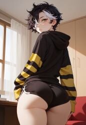 1boy 1femboy ai_generated alternate_version_available anus ass balls big_ass black_hoodie black_shorts femboy feminine_male girly hair_over_one_eye hoodie indoors long_sleeves looking_at_viewer looking_back male ntrsbiggesthater123 short_shorts shorts solo sports_shorts standing testicles thick_thighs thighs two-tone_hair yellow_eyes