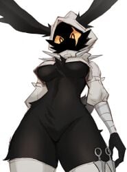 1girls black_fur bunny_ears bunny_girl cropped_hoodie female female_focus female_only fur furry furry_female furry_only kil_vi kunai looking_at_viewer looking_down_at_viewer no_mouth oc scar scar_across_eye solo solo_female solo_focus sookmo thick_thighs thighhighs underboob yellow_eyes yellow_sclera