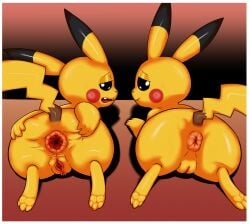 2026 absurd_res anus ass big_butt black_eyes black_markings black_nose border dipstick_ears duo ear_markings female feral fieryfur fur gaping gaping_anus generation_1_pokemon genitals hi_res humanoid_genitalia humanoid_genitalia_on_feral humanoid_vulva humanoid_vulva_on_feral looking_at_viewer looking_back looking_back_at_viewer lying markings mouth_closed multicolored_ears nintendo on_front open_mouth pikachu pokemon pokemon_(species) presenting presenting_hindquarters quadruped rear_view rosy_cheeks semi-anthro spread_anus spread_butt spreading teeth tongue vulva white_border yellow_body yellow_fur