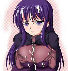 1girls breast_squeeze breasts cum cum_on_body cum_on_breasts cum_on_clothes cum_on_face cum_on_hair cum_on_upper_body facial female haruto long_hair malariya purple_eyes purple_hair quiz_magic_academy solo source_request tsukudani_shirou