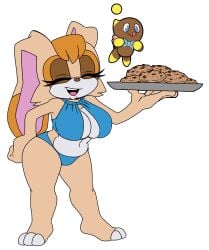 bikini breasts chocola_the_chao closed_eyes cookies large_breasts large_thighs leatherruffian milf mobian mobian_(species) mobian_rabbit open_mouth sega sonic_(series) sonic_the_hedgehog_(series) standing transparent_background vanilla_the_rabbit