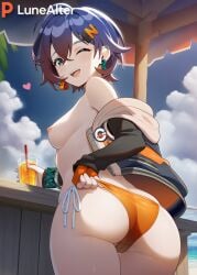 1girls ai_generated ass ass_focus back_view belle_(zenless_zone_zero) big_ass big_butt big_thighs bikini blinking blue_hair daytime drinking exposed_breasts exposed_nipples female female_focus female_only happy heart hoyoverse looking_at_viewer looking_back lunealter mature_female medium_breasts mihoyo multicolored_eyes multicolored_hair one_eye_closed pale-skinned_female pale_skin partially_clothed short_hair small_nipples smile thick_ass thick_butt thick_legs thick_thighs yellow_bikini zenless_zone_zero