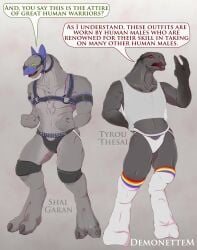 2boys alien chest_harness demonettem dialogue elite elite_(halo) gay halo halo_(game) halo_(series) harness jockstrap male male_only mesh_shirt original_character original_characters pup_mask puppy_boy puppyboy puppyplay rainbow sangheili scar shai_garan text tyrou_thesai