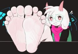 1boy 2026 2d boss_monster clothed darkner deltarune digital_media_(artwork) dunceleaf feet feet_fetish feet_focus fetish foot_fetish glasses goat horns male male_only pink_eyes ralsei ralsei_with_white_fur solo twitter_link