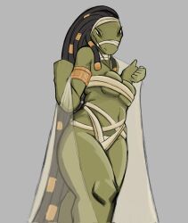 1girls breasts covered_nipples dreadlocks female female_focus female_only gold_bracelet green_skin grey_background hair_ornament hlappy lizard mummy_wrappings reptile reptile_humanoid scalie scalie_female scalie_humanoid solo solo_female solo_focus thick_thighs translucent_cape