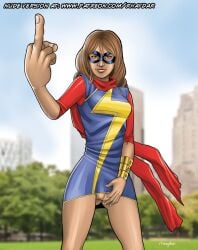 1girls 2015 bottomless brown_hair dark-skinned_female dark_skin day female fingering kamala_khan marvel mask masturbation middle_finger ms._marvel no_panties outdoors partially_clothed public public_exposure public_indecency public_masturbation pussy pussy_juice rhaydar solo standing standing_masturbation