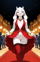 1girls 2026 ai_generated anthro bracelet crowd dress dress_lift ear_piercing fancy_clothing female female_only flat_chest goat gold_jewelry half-closed_eyes hi_res horns innie_pussy jewelry necklace night no_panties pussy red_carpet red_eyes smile smug thighhighs toriel undertale undertale_(series) walking white_fur zonoya_(artist)