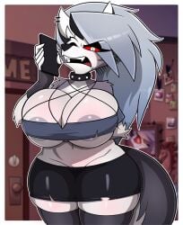 1girls anthro areola areola_slip ass big_areola big_ass big_breasts big_thighs blush breasts choker demon female female_focus female_only fingerless_gloves fur furry gigantic_ass gigantic_breasts gigantic_thighs grey_body grey_fur hellhound helluva_boss huge_areola huge_ass huge_breasts huge_thighs long_hair looking_at_viewer loona_(helluva_boss) nipples obese red_eyes spiked_collar spikes spiralart thick_hips thick_thighs thigh thigh_expansion thighs two-tone_body two-tone_fur unrealistic_proportions white_body white_fur white_hair wolf wolf_ears wolf_girl