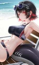 1girls areolae bent_over black_hair breasts chair clouds cloudy_sky completely_naked_female completely_nude_female ear_piercing ellen_joe female_focus female_only gradient_hair large_breasts lollipop looking_at_viewer nipples open_mouth pool red_eyes riyoka_hoshino shark_girl shark_tail short_hair skai_kun sky solo solo_female tail tongue tongue_out wet_body zenless_zone_zero