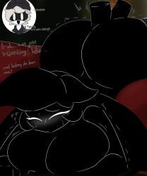 1boy 1girls ass asscheeks blush blushing_female breasts caught caught_in_the_act clueless dialogue glitch_productions human human_female lawgx laying_down murder_drones n_(murder_drones) nude nude_female robot robot_boy sweating tessa_elliot vibrator vibrator_in_ass