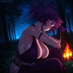 1girls ai_generated arm_strap armband armpit armpit_crease armpit_focus armpits arms_up artist_name bangs bare_shoulders big_breasts black_armband blush breast_focus breasts campfire cleavage clothing detailed_background dialogue english_text female female_only fire forest glowing_eyes grass grin grinning grinning_at_viewer hip_cutout hip_vent hips huge_boobs huge_breasts japanese_clothes jigokuraku kimono large_breasts long_hair looking_at_viewer nature night night_sky ninja no_bra outdoors outside ponytail purple_hair purple_kimono red_eyes sash shiny_skin sideboob sideless_outfit sitting sky smile smiling smiling_at_viewer solo solo_female star_(sky) starry_sky sweat sweaty sweaty_body sweaty_breasts tanakaart teasing teasing_viewer text topknot traditional_clothes tree very_sweaty wafuku white_sash wrist_guards yuzuriha_(jigokuraku)