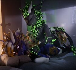 3d_(artwork) absurd_res anal anal_sex anthro ass bedroom blender_(artwork) bodily_fluids cum cum_drip cum_in_ass cum_inside digital_media_(artwork) dripping duo ejaculation fur genital_fluids genitals hi_res lill_esp looking_pleasured male male/male male_penetrating multicolored_body multicolored_fur nardoragon nude open_mouth orgasm penetration penile penis purple_body purple_fur sex smile teeth