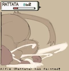 anal anal_sex anthro balls big_balls biped bodily_fluids cum cum_splatter domestic_cat duo erection exclamation_point felid feline felis from_front_position fur gameplay_mechanics generation_1_pokemon genital_fluids genitals hi_res male male/male mammal mating_press nintendo penetration penile penile_penetration penis pokemon pokemon_(species) purple_body purple_fur rattata sex simple_background sushiamazing tail text