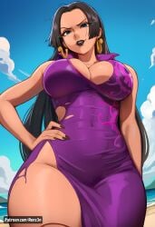 1girls ai_generated artist_name ass beach big_ass big_breasts black_hair black_lips black_lipstick blue_eyes boa_hancock breasts china_dress chinese_clothes commission day daytime dress earrings english eyebrows eyelashes female female_only from_behind hand_on_hip hi_res high_resolution highres jewelry large_breasts lips lipstick long_hair one_piece outdoors patreon patreon_url purple_dress renz3n side_slit sleeveless sleeveless_dress snake_earrings watermark