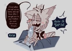 2boys alastor_(hazbin_hotel) animal_ears antlers big_penis blush blushing craxkers dialogue english english_text gay hazbin_hotel holding_penis licking licking_penis long_tongue oral penis red_eyes saliva saliva_on_penis sharp_teeth short_hair simple_background vox_(hazbin_hotel) yaoi