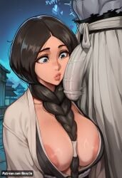 1boy 1girls ai_generated areolae artist_name big_breasts big_penis black_hair bleach bleach:_the_thousand-year_blood_war blue_eyes braid braided_hair braided_ponytail breasts colored_skin commission english eyelashes facejob female grey_eyes grey_skin hi_res high_resolution highres hollow_(species) horse_penis horsecock horsecock_on_humanoid huge_cock interspecies japanese_clothes kimono large_areolae large_breasts light-skinned_female light_skin lips male male/female obi open_clothes open_kimono outdoors patreon patreon_url penis renz3n sash straight unohana_retsu village watermark wide_sleeves