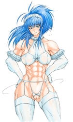 1girls abs blue_hair blush breasts buchou_chinke censored dress elbow_gloves embarrassed female female_only garter_belt garter_straps gloves green_eyes human king_of_fighters leona_heidern lingerie long_hair muscles muscular muscular_female nipples pussy see-through sheer solo sweat thighhighs wedding_dress