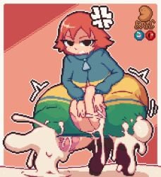 1girls angry black_hair breast_expansion epicpotatolord eyelashes female freckles_on_face kim_pine lactation looking_at_viewer motion_lines pixel_art scott_pilgrim short_hair solo standing white_border white_outline