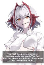 1girls 3_iq_tuna arknights big_breasts breast_grab breasts english_text female female_only grabbing_own_breast highres horns joke light-skinned_female light_skin looking_at_viewer misogyny nail_polish no_bra open_mouth orange_eyes short_hair solo t-shirt text w_(arknights) white_background white_hair white_shirt wisadel_(arknights)