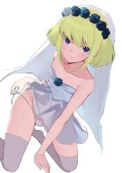 1boy androgynous bob_cut bridal_dress bridal_veil crossdressing femboy femboy_only lio_fotia looking_at_viewer male panties petite petite_body petite_male pov promare short_hair slim slim_male slim_waist solo stockings thighhighs trap twink undressing wedding_dress