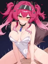 1boy absurdres alternate_costume bare_shoulders black_choker blush breasts breath censored choker cleavage closed_mouth clothing_aside commentary cowgirl_position dark_background earrings english_commentary female gradient_hair hair_between_eyes hair_ornament hairband headgear heart highres jewelry leotard leotard_aside long_hair looking_at_viewer lupa_(wuthering_waves) medium_breasts metal_hairband mosaic_censoring multicolored_hair nabiyan nipples nose_blush paid_reward_available penis pink_hair pov pussy red_pupils sex smile solo_focus stomach_bulge straddling straight sweat tacet_mark_(wuthering_waves) tail thighs trembling twintails twitching vaginal_penetration white_leotard wolf_tail wuthering_waves yellow_eyes