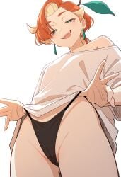 8c23 ai_generated anime_style black_panties cameltoe ear_piercing earrings flat_chest flat_chested freckles green_eyes half-closed_eyes off_shoulder orange_hair oversized_clothes oversized_shirt panties pulling_panties ringo_tsuga shirt short_hair showing_off showing_panties smirk smirking smirking_at_viewer tagme thong tomboy up_shirt up_view white_shirt youtube youtuber