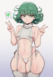 ai_generated breasts dijiai green_eyes green_hair hair light-skinned_female light_skin one-punch_man panties petite petite_body petite_female pose posing short_hair simple_background small_breasts solo solo_female tatsumaki thick_thighs thighhighs thighs white_background white_panties