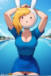 1girls adventure_time ai_generated animal_ears animal_hood arms_up artist_name blonde_hair blue_shirt blue_skirt blue_sky blush breasts cartoon_network cleavage cleft_of_venus cloud collarbone cowboy_shot day dress fake_animal_ears female fionna_the_human_girl hi_res hood hood_up large_breasts looking_at_viewer mask medium_hair no_panties open_mouth outdoors pool pussy rabbit_ears rabbit_hood rule34lab rule_63 scoop_neck shirt short_sleeves skirt sky solo square_neckline standing teeth uncensored upper_teeth_only water