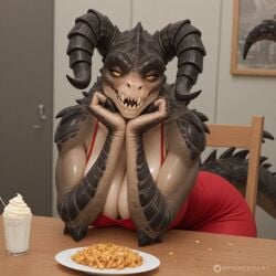 ai_assisted ai_generated anthro bethesda_softworks brown_body deathclaw deathclaw_humanoid fallout fallout_3 fallout_4 fallout_76 fallout_new_vegas furry horns in_love in_love_with_viewer poncedart realistic realistic_background realistic_textures red_dress restaurant scalie scalie_humanoid twitter twitter_logo twitter_username