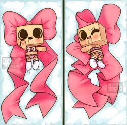 big_bow blockheads_(porcelainmaid) bow dakimakura dakimakura_(medium) doll fan_mascot_(vtuber) indie_virtual_youtuber lying_on_back lying_on_bed makeup mascot panties ribbon ribbons_(anatomy) seductive sketch socks stockings toy underwear virtual_youtuber wood