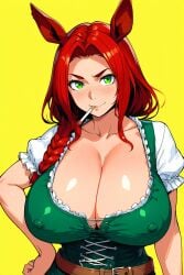 ai_generated blush cigarette cleavage eyebrows eyelashes focused freckles giant_breasts green_eyes hands_on_hips horse_girl long_hair looking_at_viewer medieval nipple_outline red_hair red_lips smile tavern_girl