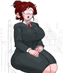 auburn_hair big_breasts blush breasts chubby_female cute dumb_girl friday_night_funkin girlfriend_(friday_night_funkin) hair_bun huge_breasts huge_thighs hyper_thighs korean_nooby_(artist) massacre_girlfriend_(friday_night_funkin) millie_(mistful_crimson_morning) mistful_crimson_morning oc office_clothing office_lady shocked_expression sitting thick_thighs thunder_thighs wide_hips