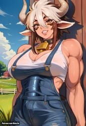 1futa 1girls ai_generated animal_ears artist_name barn bell big_breasts breasts brown_eyes brown_hair bulge cathyl commission cow_ears cow_horns cow_humanoid cowgirl english farm farmgirl futanari hi_res high_resolution highres horn horns horse_penis horsecock horsecock_futa horsecock_on_humanoid huge_breasts monster_musume_no_iru_nichijou muscular muscular_female outdoors overalls patreon patreon_url renz3n short_hair skindentation tight_clothing tight_fit tomboy two-tone_hair watermark white_hair