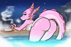ai_generated ass choker dungeons_and_dragons fat_ass hot_spring huge_ass kobold onsen pink_body pink_horns shortstack small_breasts smile steam thick_ass towel xhuri_(terror_time)