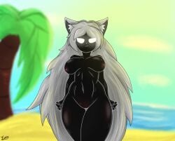 beach enon_nn frowning_at_viewer naked nudist_beach palm_tree sand tonya_(enon_nn) white_eyes white_hair