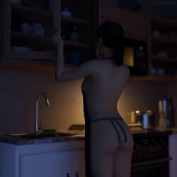 3d apron apron_only asian asian_female blue_eyes blue_eyes_female brown_hair brown_hair_female cosy cozy dark_room dim_light dim_lighting dimly_lit kitchen kitchen_appliance kitchen_counter medium_ass naked_apron night nighttime nude_female pale-skinned_female pale_skin peaceful ponytail ponytail_female portal_(series) portal_2 solo solo_female solo_focus stumpie viewed_from_behind wholesome wholesome_nudity