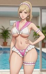 1girls ai_generated armband bangs bikini blonde_female blonde_hair bow_accessory cel_shading cleavage earrings eyebrows_visible_through_hair fancy_clothing female frilled_armband frilled_bikini_bottom frilled_thigh_strap frills grok hair_band hand_on_hip indoor_pool large_breasts looking_at_viewer one_hand_on_hip pink_and_white ponytail poolside potted_plant revealing_clothes rgomez007 sailor_collar sailor_uniform sideboob slender_waist solo_female stable_diffusion standing thick_thighs underboob wide_hips