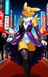 1girls 2026 ai_generated anthro black_sclera blue_eyes bracelet city crowd detached_sleeves digimon digimon_(species) dress dress_lift ear_piercing fancy_clothing female female_only gold_jewelry half-closed_eyes hi_res innie_pussy jewelry necklace night no_panties pussy red_carpet renamon thighhighs unamused walking white_fur yellow_fur zonoya_(artist)