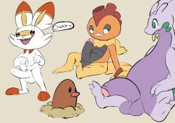 absurd_res anthro balls bodily_fluids bottomwear bottomwear_down buckteeth clothed clothing diglett duo erection foreskin gastropod generation_1_pokemon generation_5_pokemon generation_6_pokemon generation_8_pokemon genital_fluids genitals gesture goodra half-erect hand_gesture hi_res humanoid_genitalia humanoid_penis lagomorph leaking_precum leporid male male/male mammal mollusk nintendo open_mouth pants pants_down partially_clothed penis pointing pointing_at_penis pokemon pokemon_(species) precum presenting presenting_penis pubes rabbit retracted_foreskin scorbunny scrafty sitting slightly_chubby slug standing teeth twerpishimp unretracted_foreskin