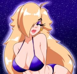 1girls big_breasts bikini blonde_hair blue_eyes bra breasts eyeshadow female female_focus female_only hair hair_over_one_eye light-skinned_female light_skin long_hair looking_at_viewer macaluso mario_(series) nintendo one_eye_covered princess_rosalina solo solo_female solo_focus space super_mario_galaxy thick_lips video_games