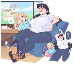 2girls arato_nagi bbw big_belly big_breasts bloated_belly chubby denim_jeans fat_fetish nagi_arato overweight_female ruri_no_houseki ruri_rocks softservice tanigawa_ruri weight_gain