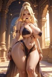 ai_generated architecture archway armlet blonde_hair bracers bun_hair cleavage cowboy_shot dancer dancer_outfit dark_lipstick earrings female forehead_jewel gold_accessory grok hair_bun indoors large_breasts long_hair loose_hair luxury necklace palace pelvic_curtain pillar rgomez007 royal royalty solo_female sunlight thick_thighs underboob wavy_hair wide_hips window window_light