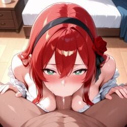 1boy 1girls ai_generated animated bare_shoulders bed bedroom black_headband black_ribbon blouse blowjob blush breasts cleavage clothed clothed_blowjob clothed_female clothed_female_nude_male clothed_oral dark-skinned_male deepthroat ember_paradox green_eyes hands_on_thighs headband heart-shaped_pupils heart_eyes indie_virtual_youtuber indie_vtuber large_breasts light-skinned_female long_hair loop looping_animation naked naked_male no_sound nude nude_male oral oral_sex penis_in_mouth pov red_hair red_rose ribbon rose saliva_on_penis video virtual_youtuber vtuber white_blouse