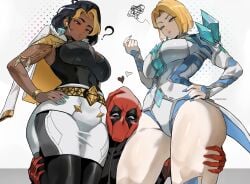 1boy 2girls 2girls1boy ? annoyed annoyed_expression ass big_breasts black-haired_female black_hair blonde_female blonde_hair blonde_streak blue_nails boob_window breasts chocolate_and_vanilla cleavage clothed crossover curvy curvy_figure deadpool deadpool_(marvel_rivals) domina emma_frost emma_frost_(marvel_rivals) fully_clothed hand_on_hip head_between_thighs heart_symbol hi_res hugging_legs marvel marvel_rivals ongjolpark overwatch overwatch_2 painted_nails short-haired_female short_hair streaked_hair superhero superheroine thick_legs thick_thighs thigh_grab thighs tight_clothing trio voluptuous voluptuous_female wide_hips x-men