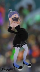 3d 3d_(artwork) black_dress blue_hair blue_hair_female bluejay182 octoling octoling_girl pregnant pregnant_belly pregnant_female red_eyes red_eyes_female shiver_(splatoon) splatoon