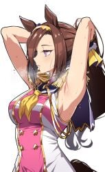 1girls animal_ears animal_tail armpit armpit_fetish arms_behind_head bakushin_o_armpit_gif_(meme) breasts brown_hair ear_ornament epaulettes exposed_armpits eyelashes female female_only flower_shaped_pupils hairband hairtie highres horse_ears horse_girl horse_tail long_hair looking_away medium_breasts parted_bangs pink_eyes ponytail reia_76 sakura_bakushin_o_(umamusume) sideboob sleeveless_shirt solo sweat sweatdrop sweaty tie tying_hair umamusume umamusume_pretty_derby white_background