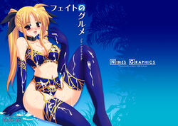 blonde_hair blush bra breasts collar cover cover_page cum cum_on_body cum_string elbow_gloves fate_testarossa garter_belt genshi gloves large_breasts lingerie long_hair lyrical_nanoha mahou_shoujo_lyrical_nanoha mahou_shoujo_lyrical_nanoha_strikers red_eyes ribbon ribbons thighhighs tied_hair tongue twintails underwear