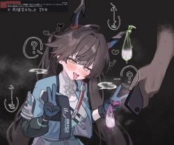 ? absurdres arknights arknights:_endfield black_hair blonde_hair blue_gloves blush breasts cellphone chen_qianyu_(arknights) commentary_request condom double_v dragon_girl dragon_horns female gloves highres hizikata398 holding holding_condom holding_phone horns hypnosis_app long_hair long_sleeves looking_at_viewer medium_breasts open_mouth phone puffy_long_sleeves puffy_sleeves simple_background smartphone smile speech_bubble spoken_question_mark tongue tongue_out translation_request twintails used_condom v variant_set very_long_hair