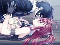 bench black_hair breast_grab breasts closed_eyes color couple female game_cg gloves human ignis_(jingai_makyo) jingai_makyou katsuki_kumon kissing long_hair love lying male nishii_(nitroplus) nitroplus no_bra park_bench pink_hair shirt_lift straight